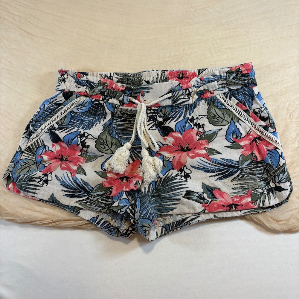 Jolt Womens Pink‎ Blue Floral Tropical Boho Linen Blend Short Shorts Size XS